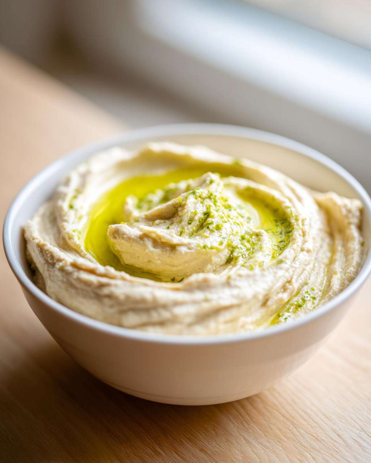 Close-up of a bowl of creamy hummus drizzled with olive oil and sprinkled with green herbs.