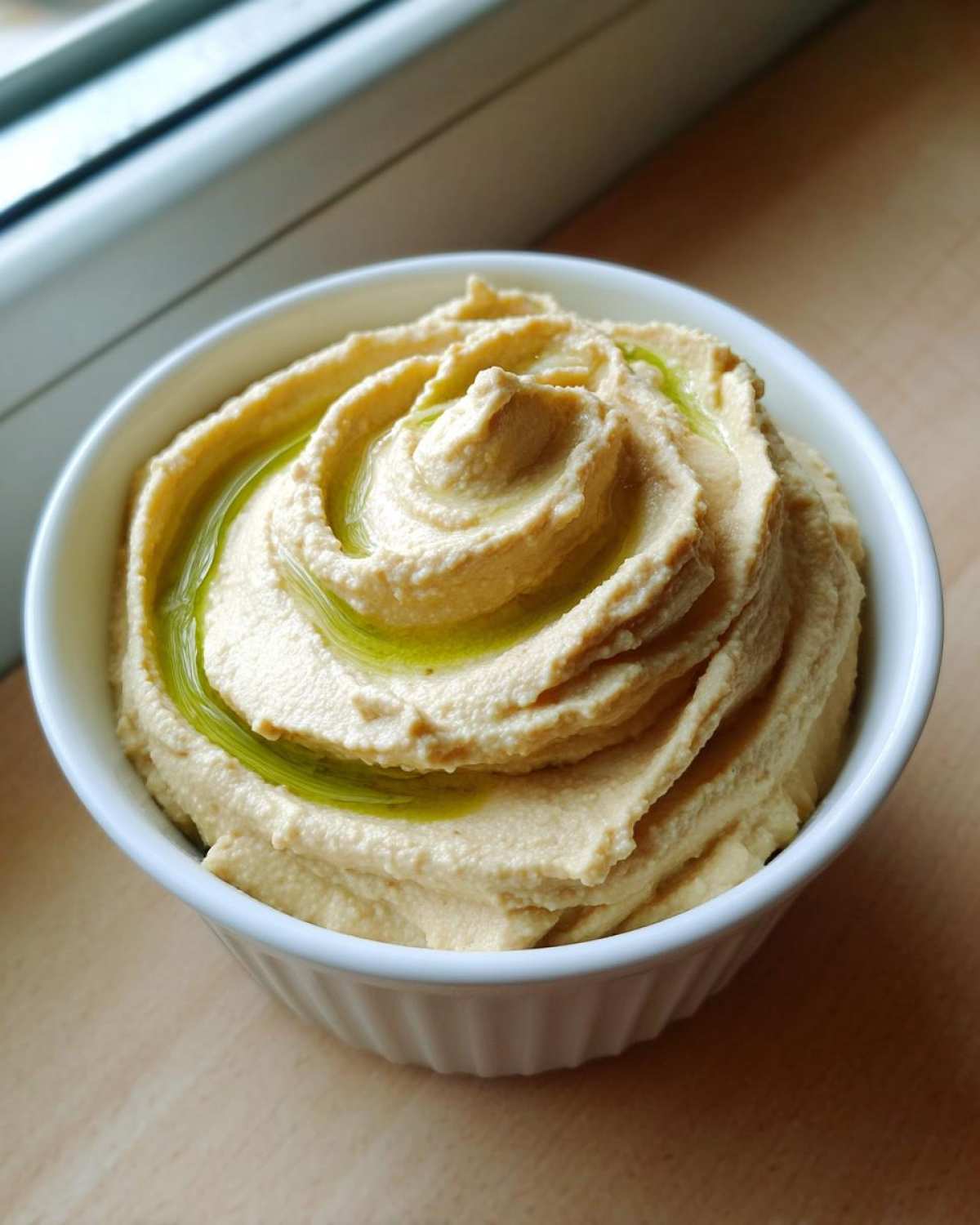 A close-up of creamy, light beige hummus swirled in a white ramekin and drizzled with bright green olive oil.