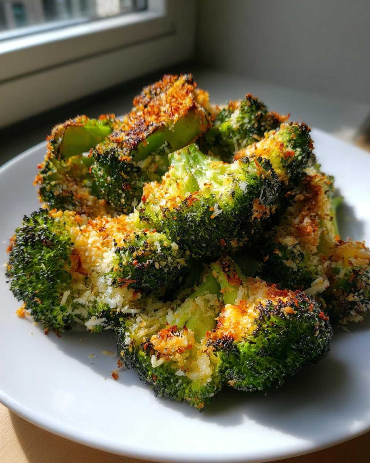 Close-up of perfectly cooked Crispy Air Fryer Broccoli Parmesan florets piled on a white plate.