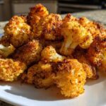 A close-up of golden brown, perfectly seasoned Crispy Air Fryer Cauliflower florets piled high on a white plate.