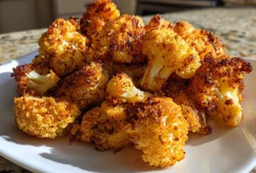 A close-up of golden brown, perfectly seasoned Crispy Air Fryer Cauliflower florets piled high on a white plate.