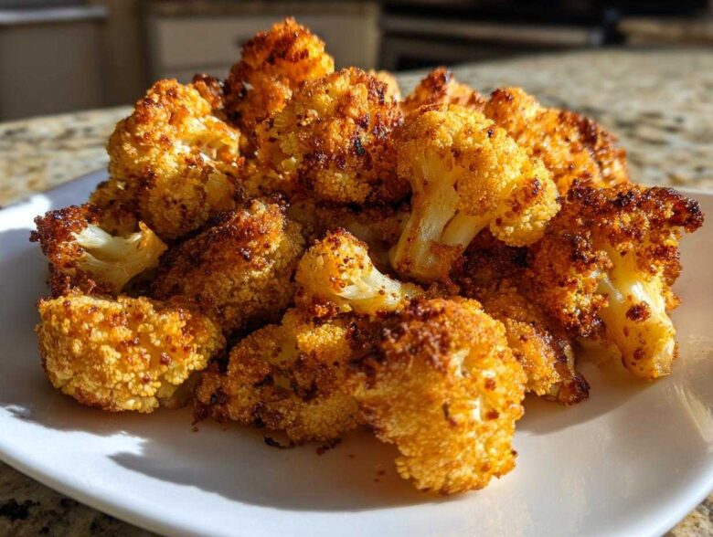 A close-up of golden brown, perfectly seasoned Crispy Air Fryer Cauliflower florets piled high on a white plate.