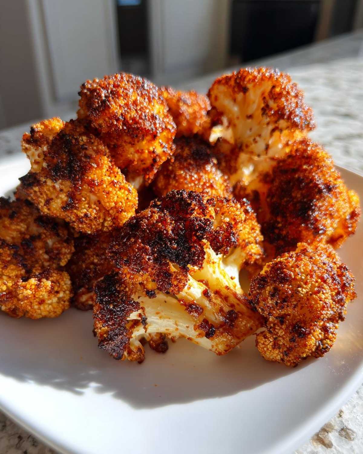 Close-up of deeply browned, seasoned florets of Crispy Air Fryer Cauliflower piled on a white plate.