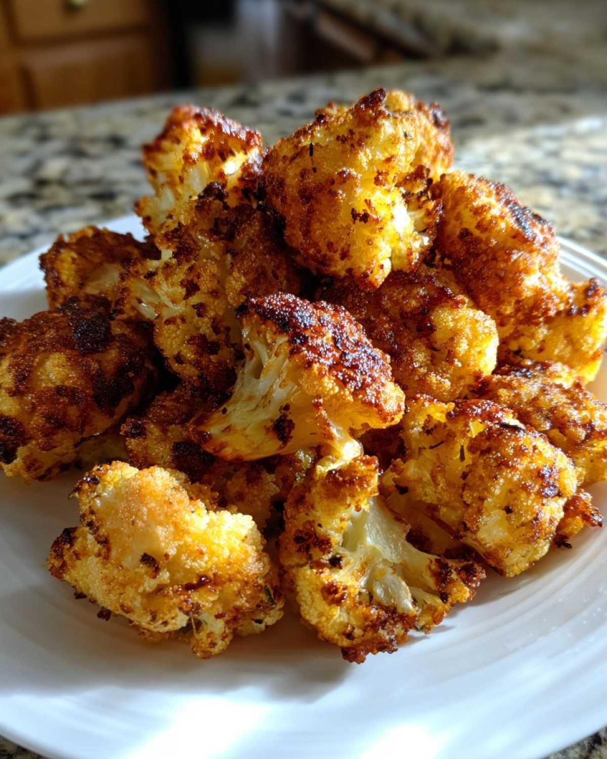 A close-up of a pile of golden-brown, seasoned Crispy Air Fryer Cauliflower florets served on a white plate.