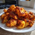 A pile of golden brown, crispy air fryer cauliflower florets served on a white plate, showing excellent texture.
