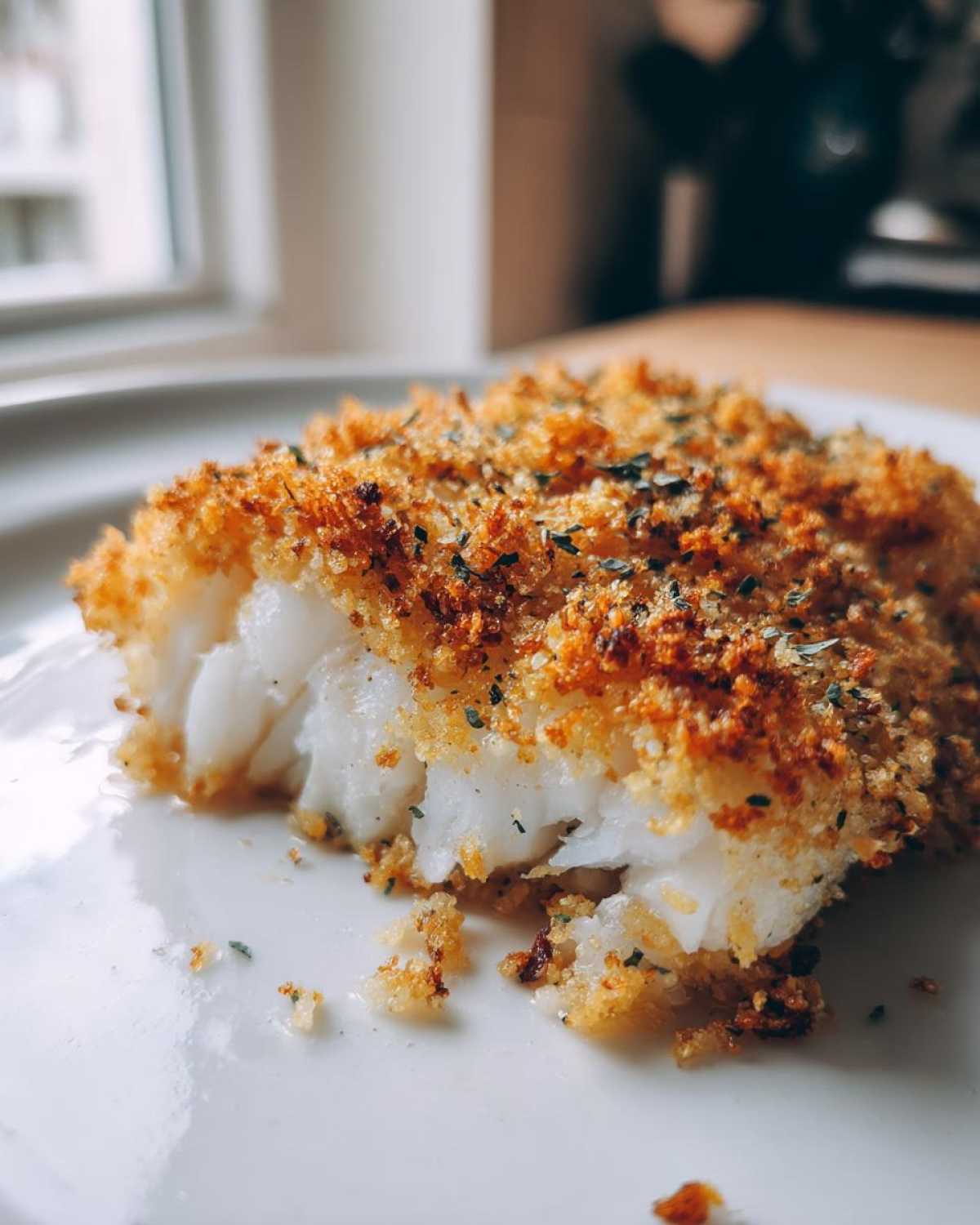 A close-up of a flaky white fish fillet with a golden, crispy breadcrumb topping, perfect for Crispy Baked Cod Weeknight.