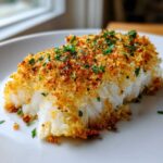 Close-up of a flaky white fish fillet with a golden, crispy baked topping, perfect for Crispy Baked Cod Weeknight.