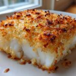 Close-up of a flaky white fish fillet with a golden brown, crispy panko crust, perfect for Crispy Baked Cod Weeknight.