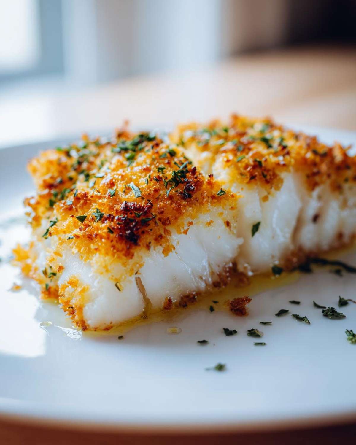 Close-up of a perfectly cooked fillet of Crispy Baked Cod Weeknight, topped with golden breadcrumbs and fresh parsley.