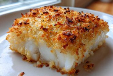 Close-up of a flaky white fish fillet with a golden brown, crispy panko crust, perfect for Crispy Baked Cod Weeknight.