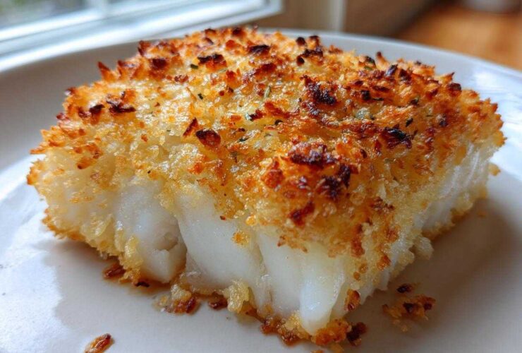 Close-up of a flaky white fish fillet with a golden brown, crispy panko crust, perfect for Crispy Baked Cod Weeknight.