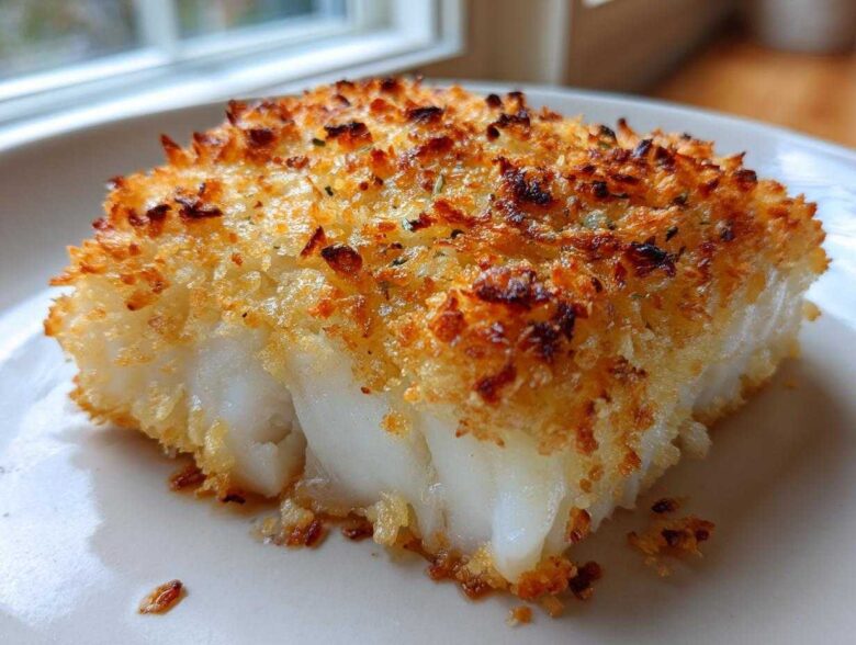 Close-up of a flaky white fish fillet with a golden brown, crispy panko crust, perfect for Crispy Baked Cod Weeknight.