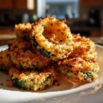 A close-up stack of golden, crispy baked Parmesan zucchini rings on a white plate.
