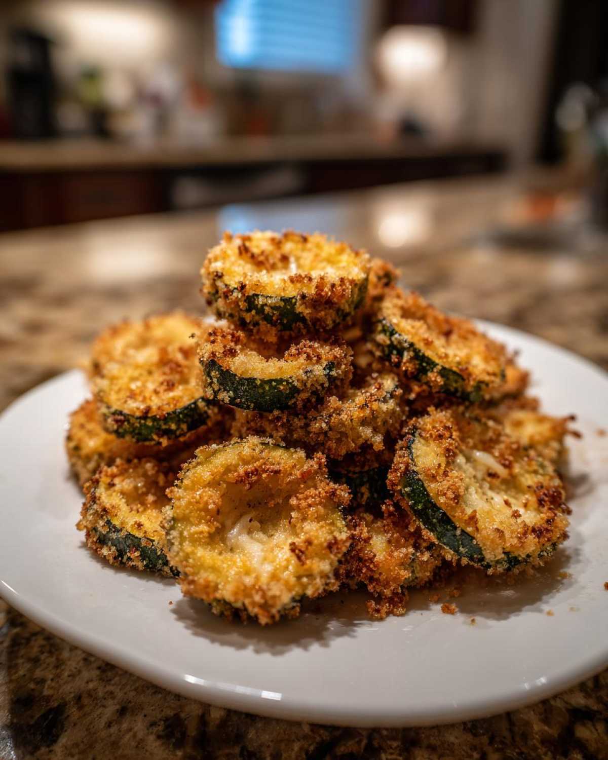 A close-up stack of golden brown Crispy Baked Parmesan Zucchini Rings piled high on a white plate.