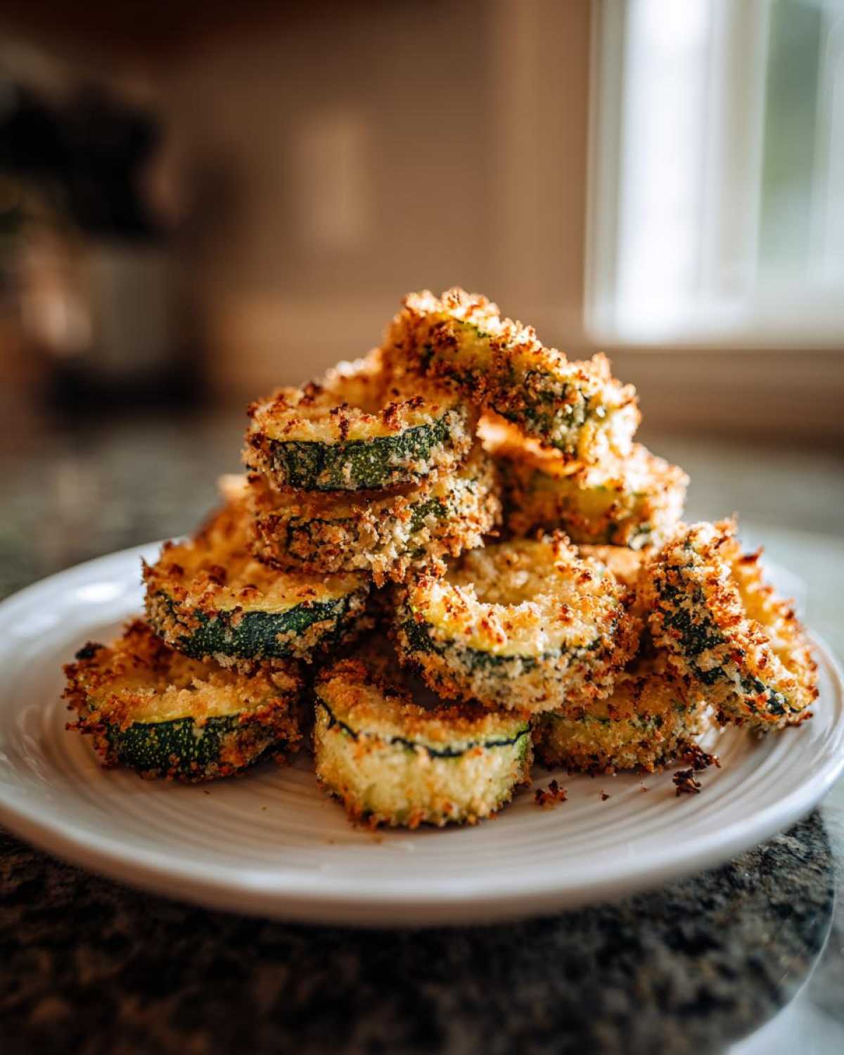 A tall stack of golden brown, crispy baked Parmesan zucchini rings piled high on a white plate.