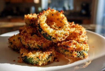 A close-up stack of golden, crispy baked Parmesan zucchini rings on a white plate.