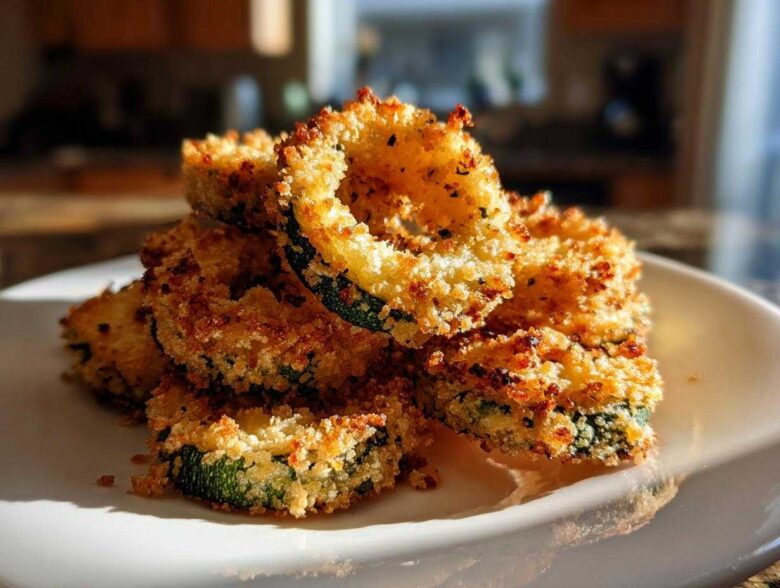 A close-up stack of golden, crispy baked Parmesan zucchini rings on a white plate.