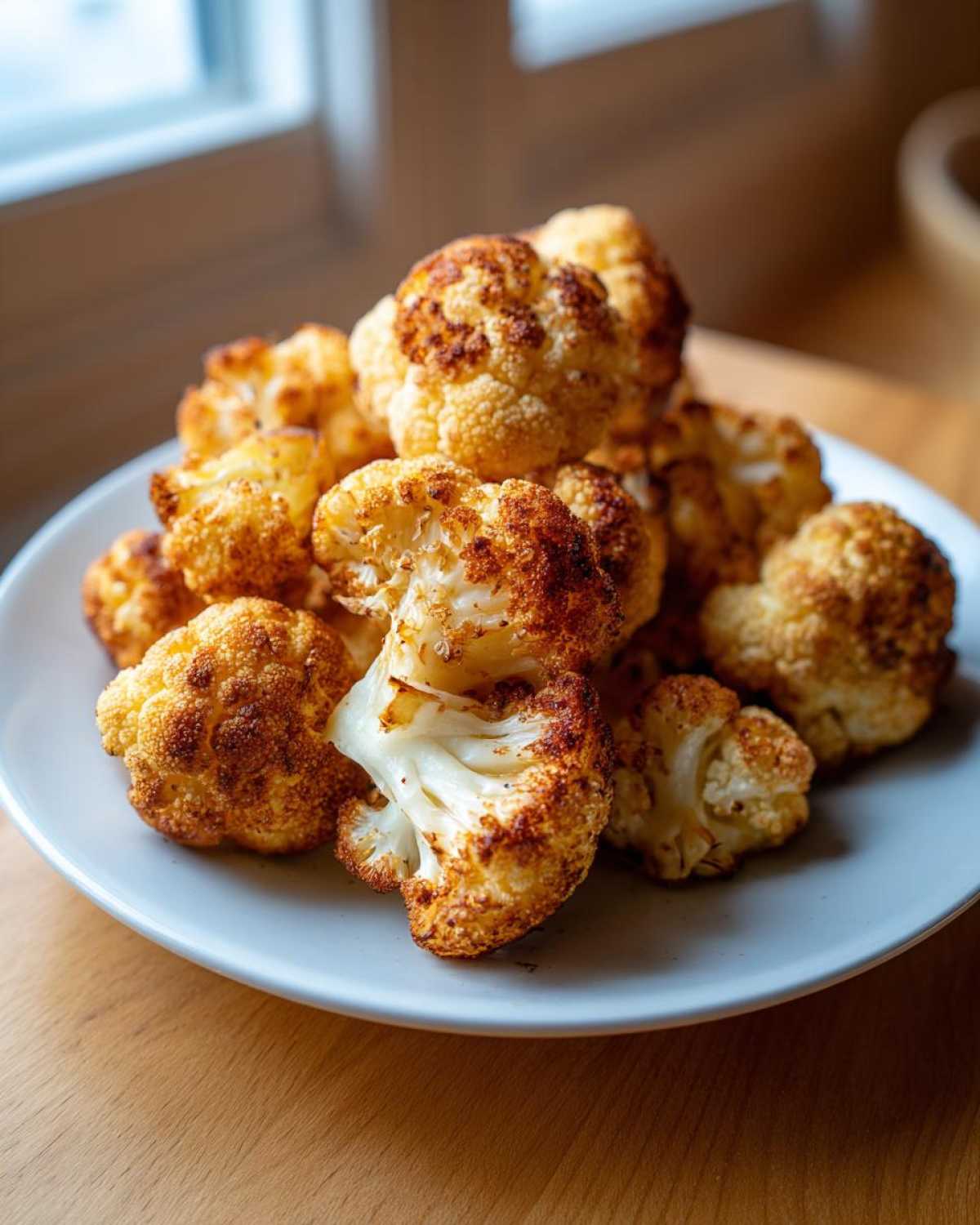 A pile of golden brown, Crispy Roasted Cauliflower florets served on a light blue plate.