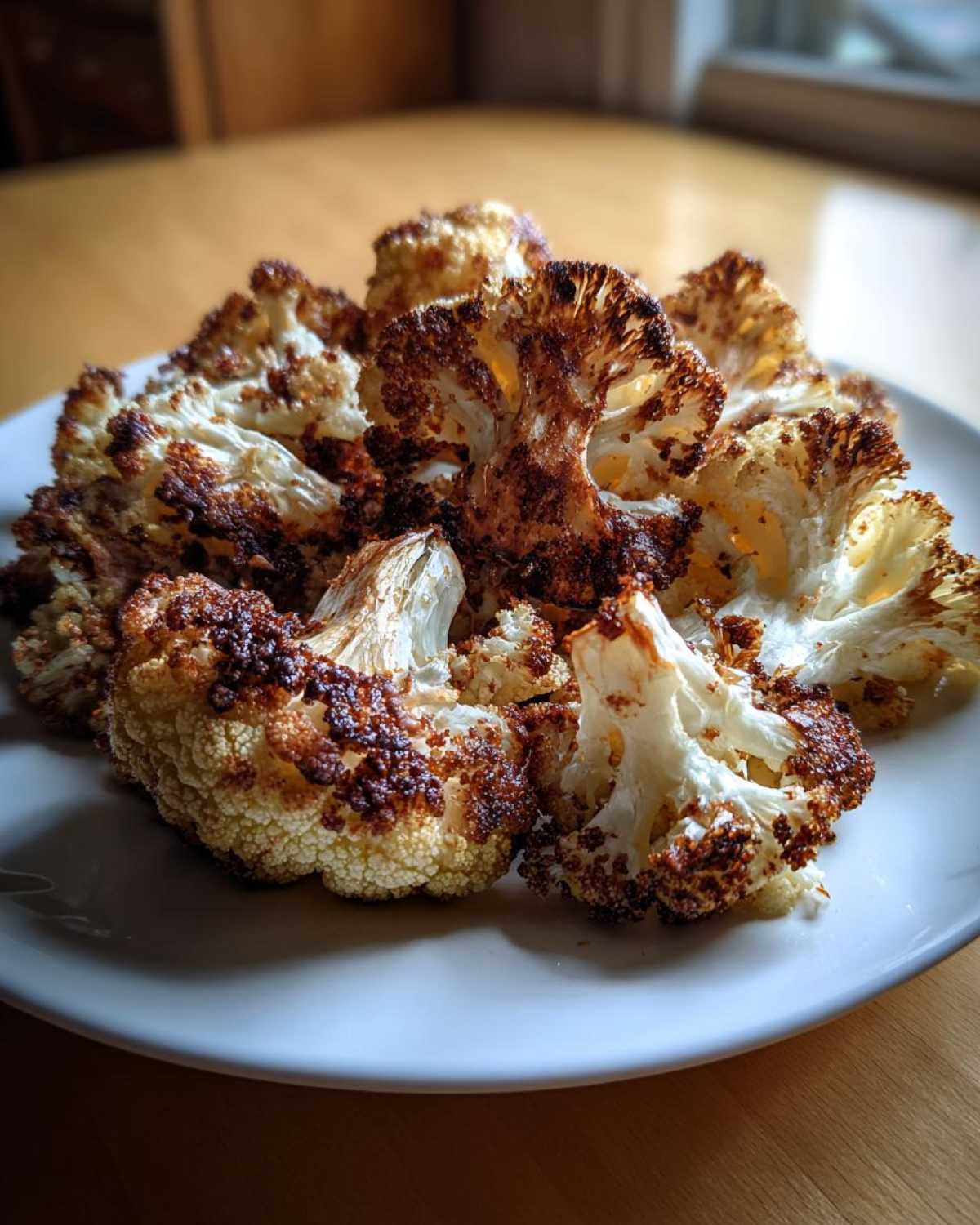 A plate piled high with deeply browned, crispy roasted cauliflower florets, showcasing the perfect roast.