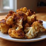 A mound of golden brown, perfectly Crispy Roasted Cauliflower florets piled high on a white serving plate.