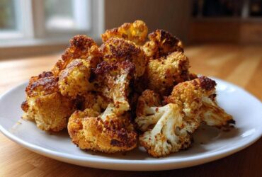 A mound of golden brown, perfectly Crispy Roasted Cauliflower florets piled high on a white serving plate.