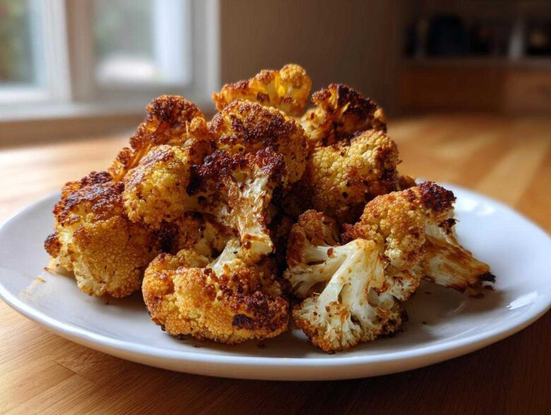 A mound of golden brown, perfectly Crispy Roasted Cauliflower florets piled high on a white serving plate.
