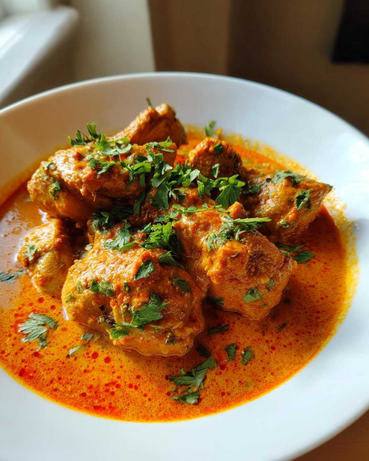 Close-up of rich, orange-red Crockpot Butter Chicken pieces garnished with fresh cilantro in a white bowl.