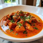 Close-up of tender chicken pieces swimming in a rich, orange sauce, garnished with fresh cilantro, representing Crockpot Butter Chicken.