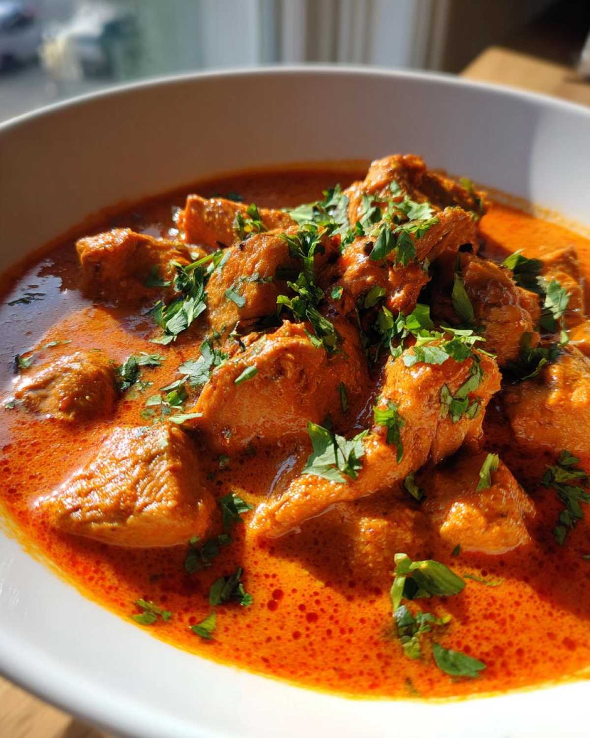 Close-up of rich, orange-red Crockpot Butter Chicken pieces garnished with fresh cilantro.