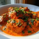 Close-up of tender chicken pieces coated in a vibrant orange sauce, garnished with fresh cilantro, ready to serve Crockpot Butter Chicken.