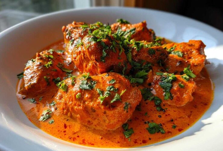 Close-up of tender chicken pieces coated in a vibrant orange sauce, garnished with fresh cilantro, ready to serve Crockpot Butter Chicken.