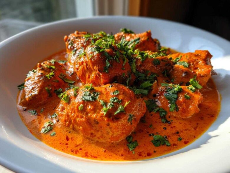 Close-up of tender chicken pieces coated in a vibrant orange sauce, garnished with fresh cilantro, ready to serve Crockpot Butter Chicken.