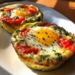Two freshly cooked Easy 5-Minute Microwave Egg Caprese Cups topped with bright red tomatoes, pesto, and cracked pepper.