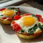 Two perfectly cooked Easy 5-Minute Microwave Egg Caprese Cups with bright yellow yolks, red tomatoes, and green basil.