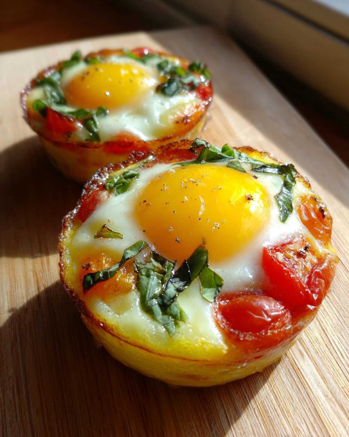 Two Easy 5-Minute Microwave Egg Caprese Cups topped with bright yellow yolks, tomatoes, and fresh basil.