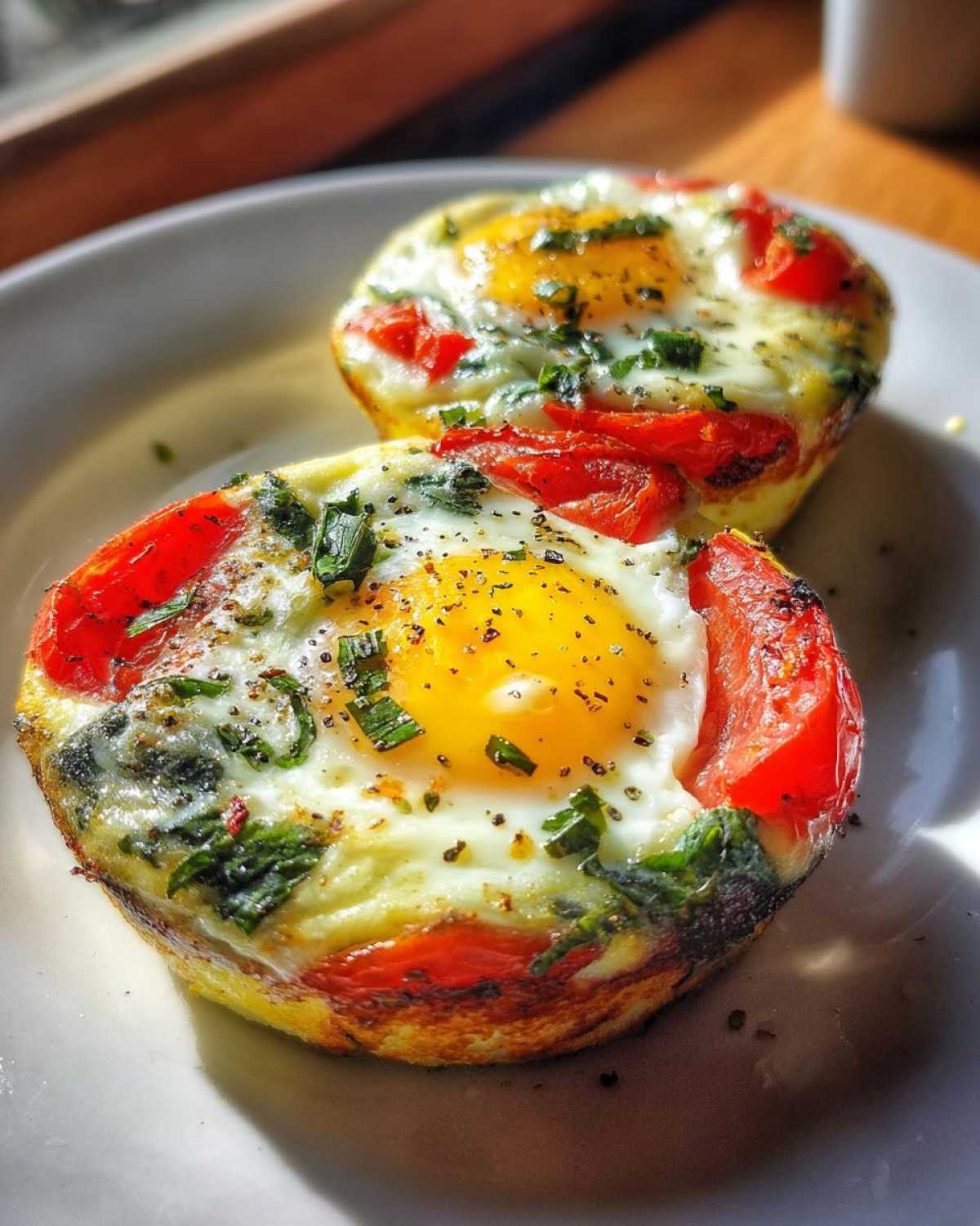 Two perfectly cooked Easy 5-Minute Microwave Egg Caprese Cups topped with bright red tomatoes and fresh herbs.