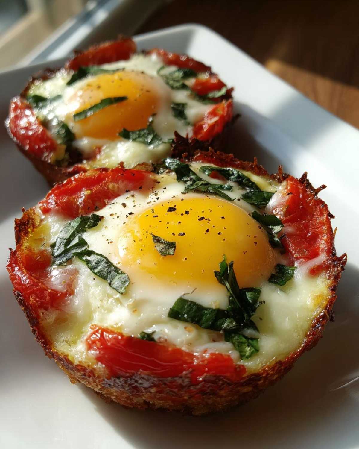 Two perfectly cooked Easy 5-Minute Microwave Egg Caprese Cups topped with bright yellow yolks, mozzarella, tomatoes, and fresh basil.