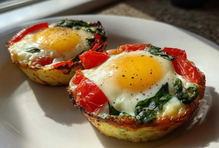 Two perfectly cooked Easy 5-Minute Microwave Egg Caprese Cups with bright yellow yolks, red tomatoes, and green basil.