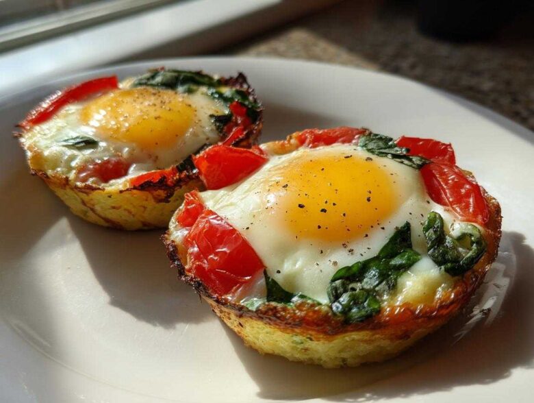 Two perfectly cooked Easy 5-Minute Microwave Egg Caprese Cups with bright yellow yolks, red tomatoes, and green basil.