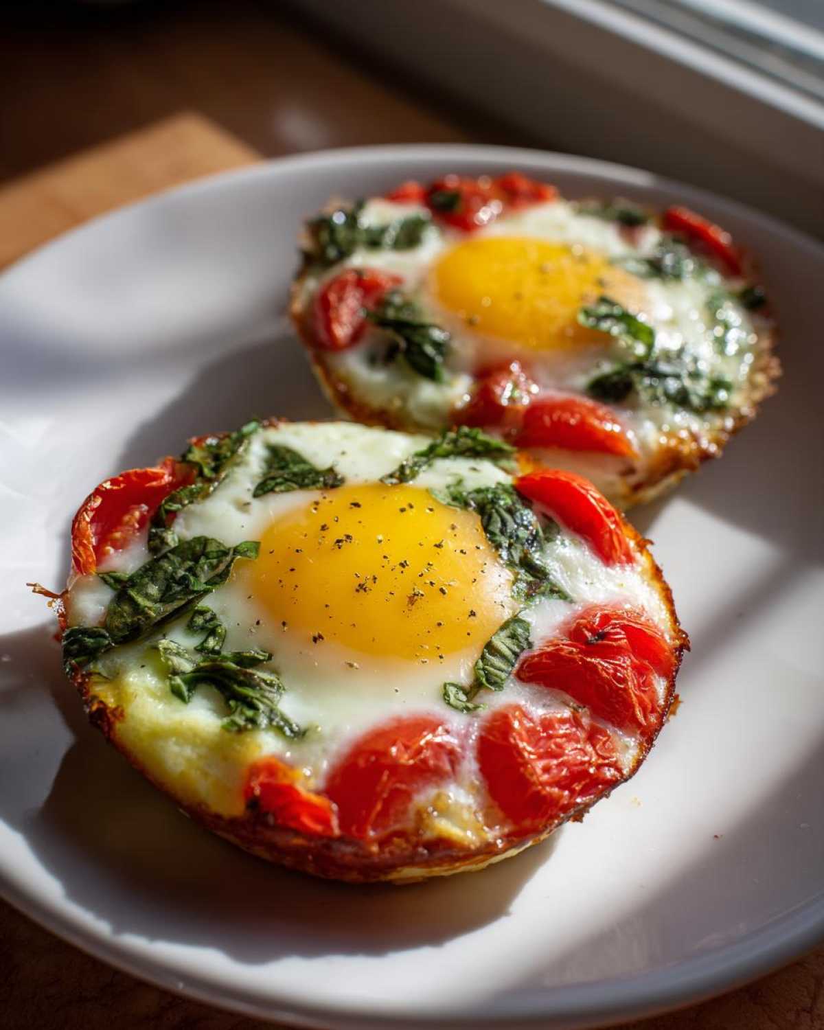 Two perfectly cooked Easy 5-Minute Microwave Egg Caprese Cups with bright yellow yolks, red tomatoes, and green basil on a white plate.
