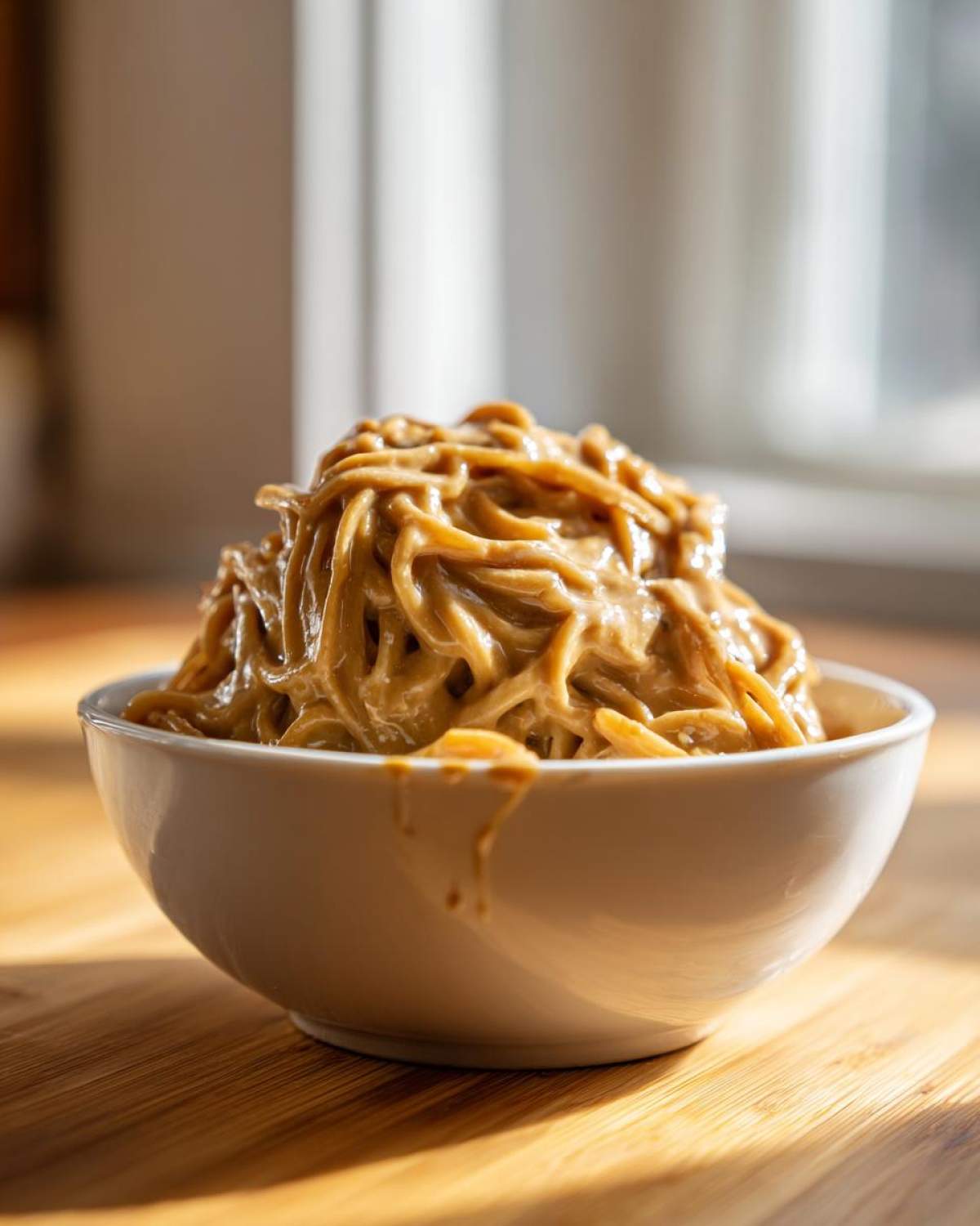 A white bowl filled with noodles generously coated in a creamy, brown Easy 5-Minute Peanut Sauce, sitting on a wooden surface.