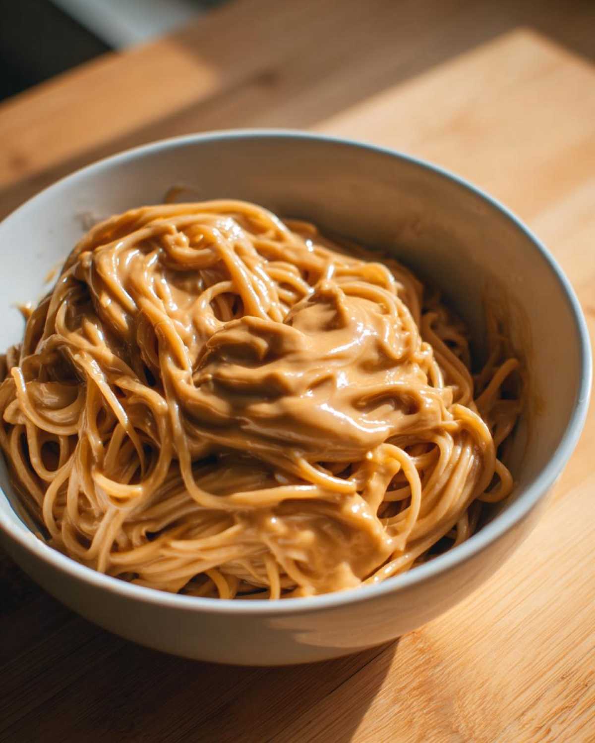 A white bowl filled with noodles generously coated in a thick, creamy Easy 5-Minute Peanut Sauce, sitting on a wooden surface.
