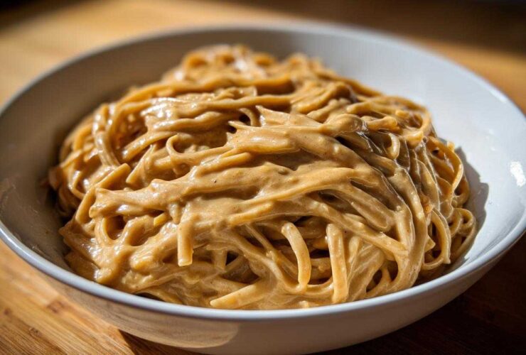 A close-up of noodles generously coated in a creamy, rich Easy 5-Minute Peanut Sauce, served in a white bowl.