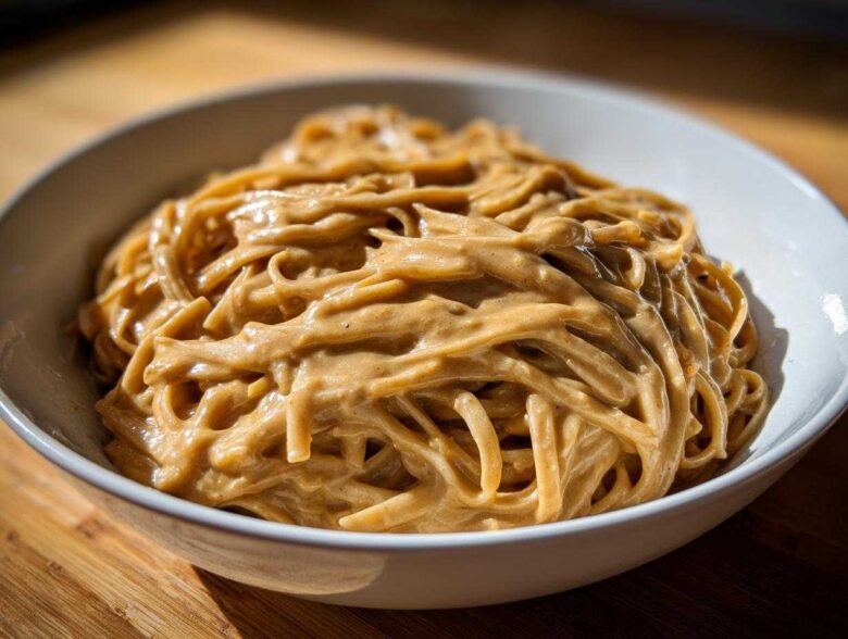 A close-up of noodles generously coated in a creamy, rich Easy 5-Minute Peanut Sauce, served in a white bowl.