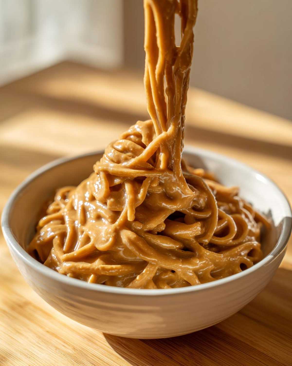 Noodles being lifted from a bowl, coated thickly with rich Easy 5-Minute Peanut Sauce.