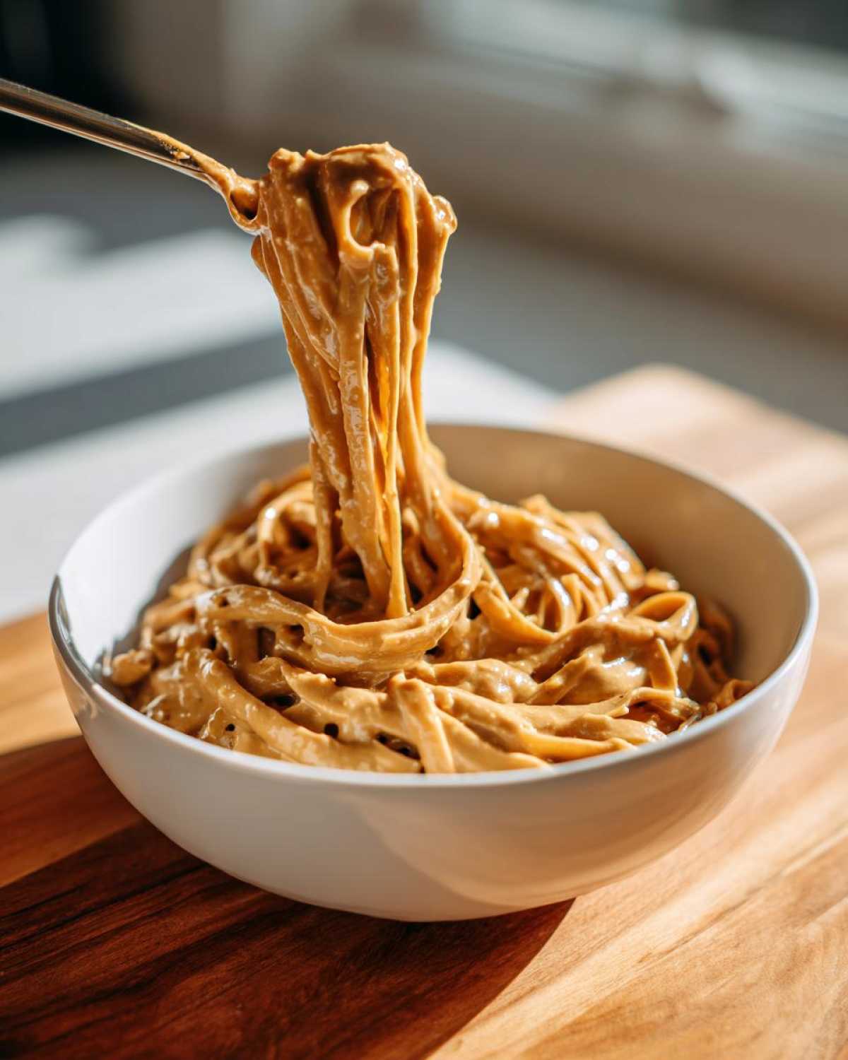 A fork lifts noodles heavily coated in rich, creamy Easy 5-Minute Peanut Sauce from a white bowl.