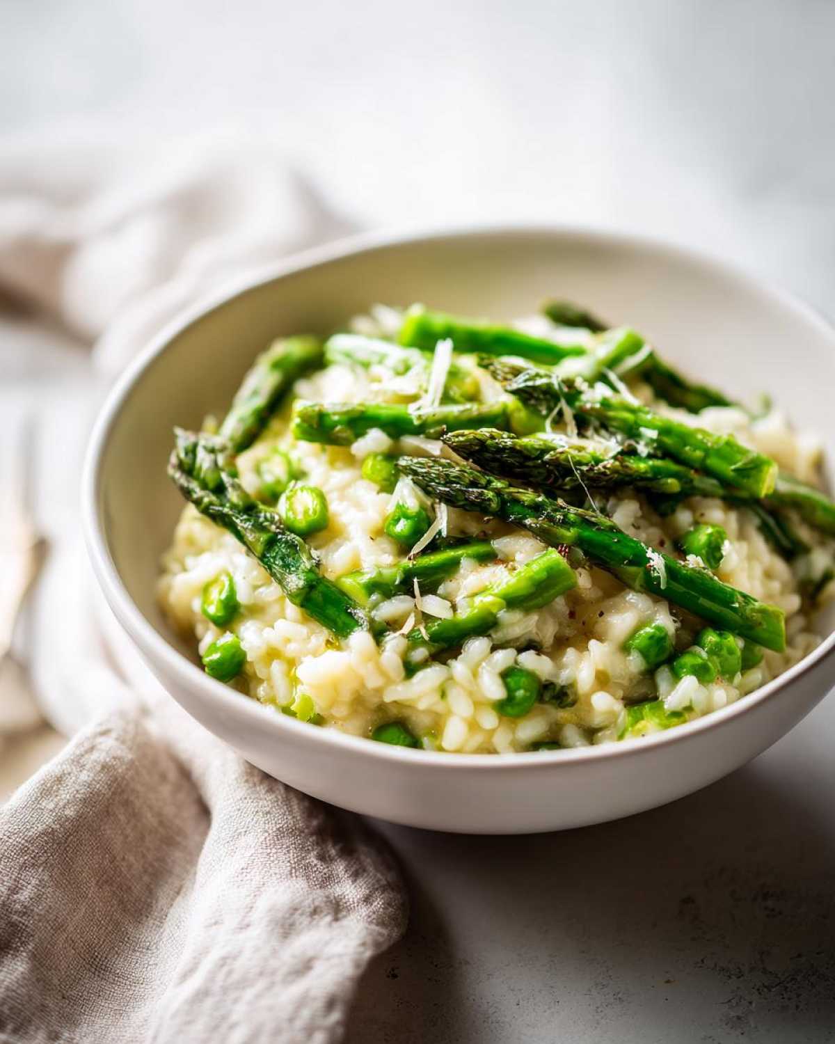 Close-up of a bowl filled with Easy Creamy Asparagus Risotto, topped with whole asparagus spears and grated cheese.