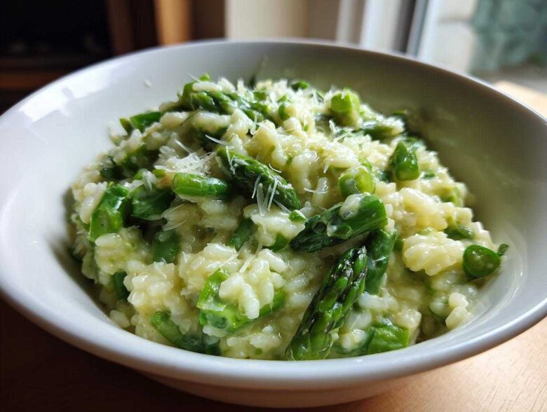 Close-up of Easy Creamy Asparagus Risotto topped with grated Parmesan cheese in a white bowl.