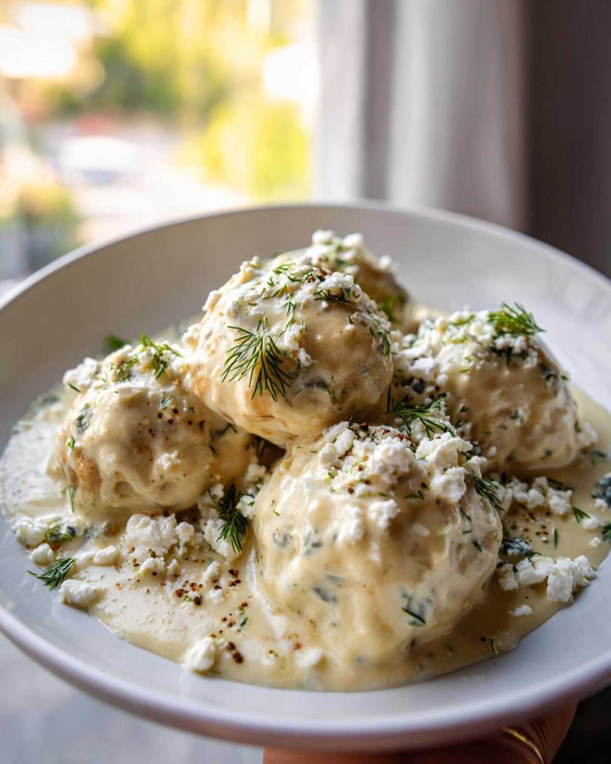 Close-up of Easy Creamy Greek Chicken Meatballs covered in a rich sauce, topped with crumbled feta and fresh dill.