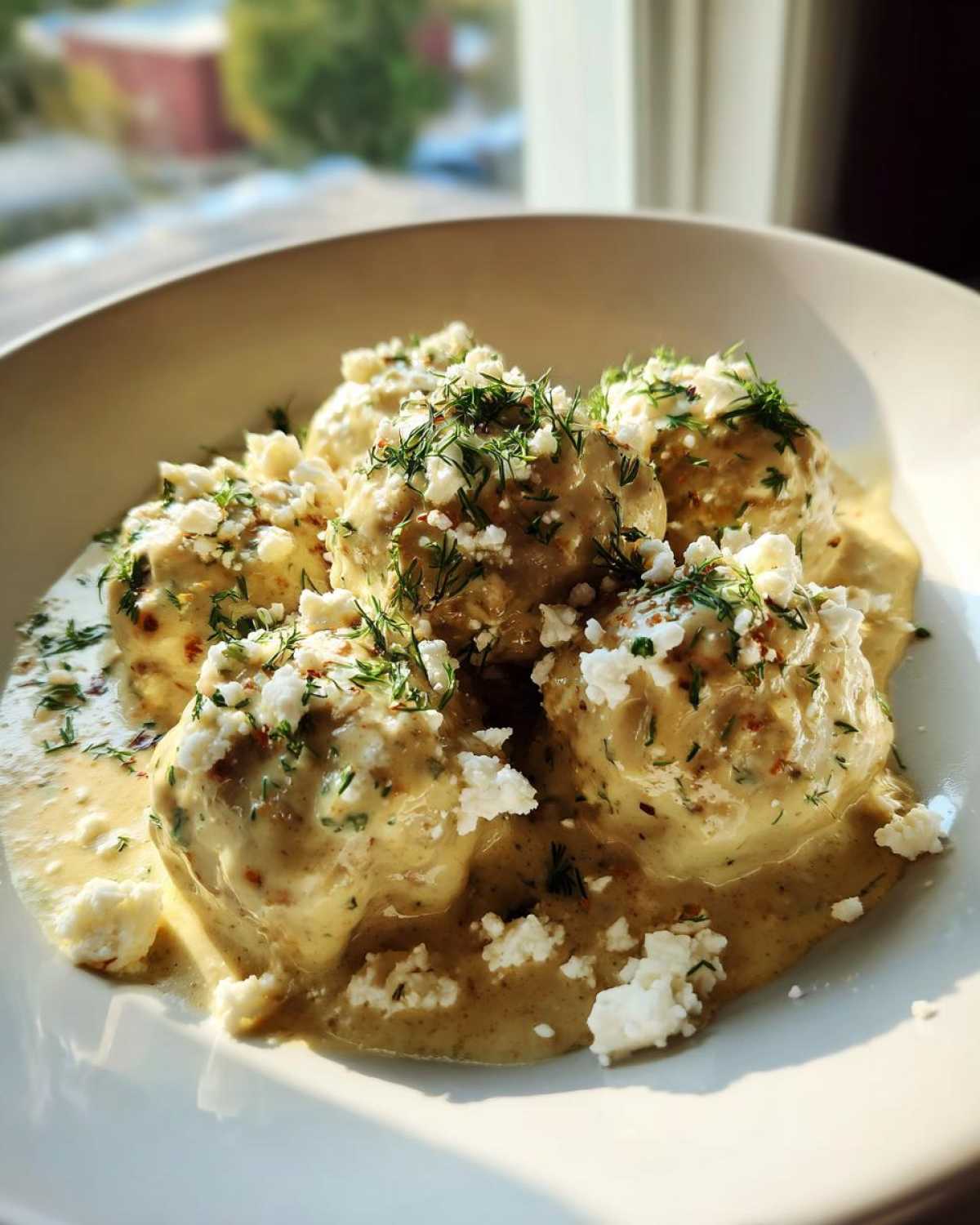 Close-up of Easy Creamy Greek Chicken Meatballs smothered in sauce and topped with crumbled feta and fresh dill.